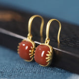 Natural Hand-carved Jade Mosaic Agate Silver Earrings