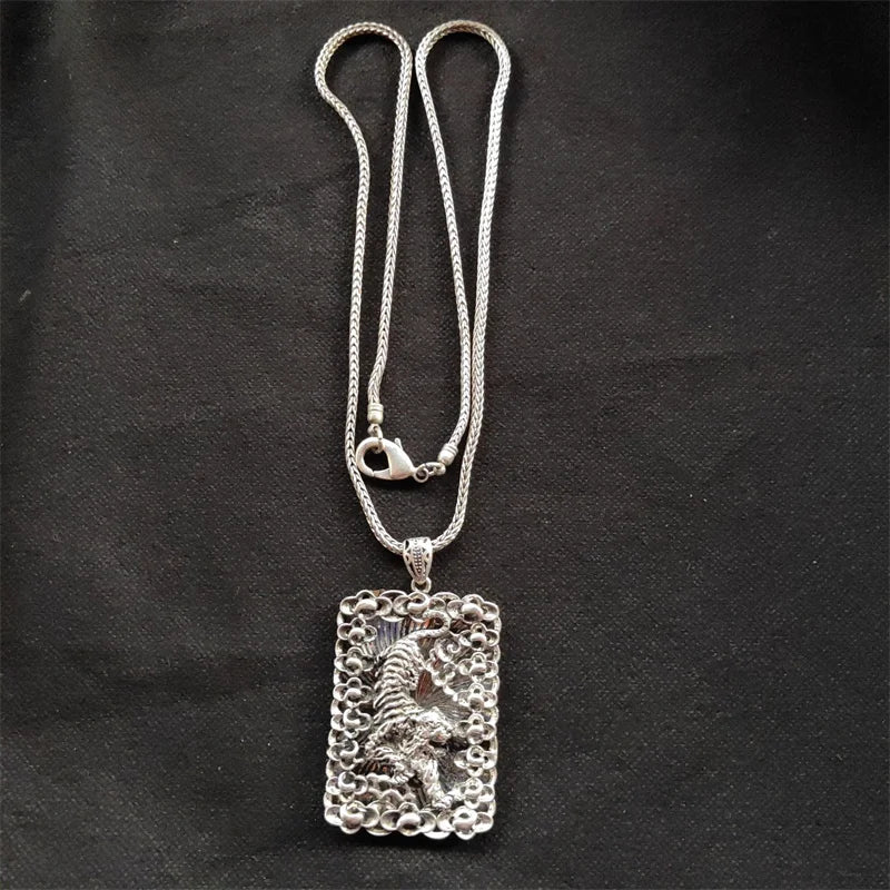 Hand-carved Tibetan Silver Tiger Necklace Pendant for Luck
