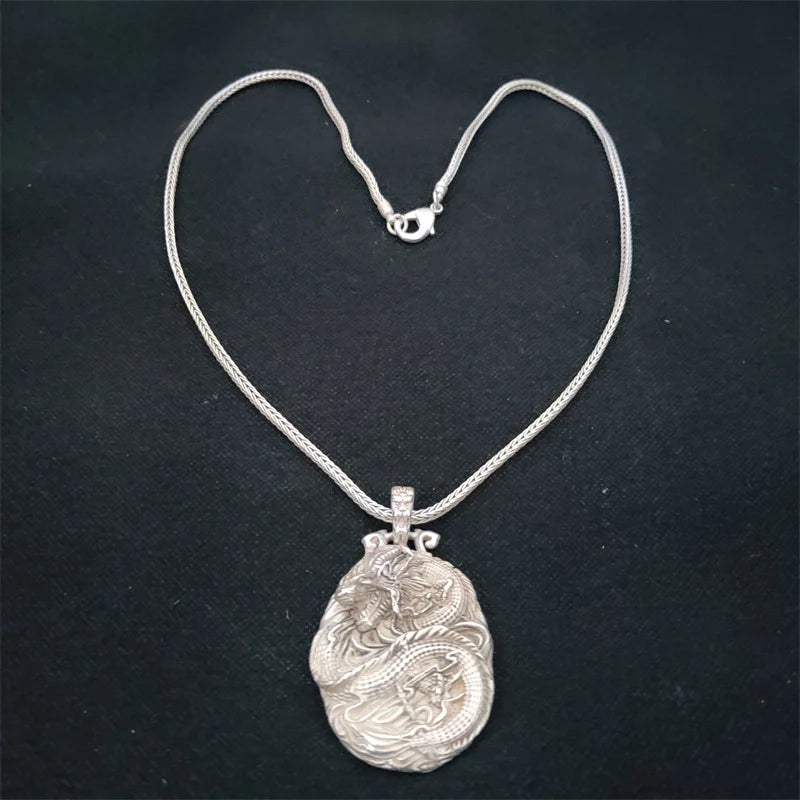 Natural Hand Carved Old Tibetan Silver Zodiac Dragon Necklace Pendant