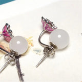 Natural Hand-carved Jade Cloisonne 925 Silver Gufajin Earrings