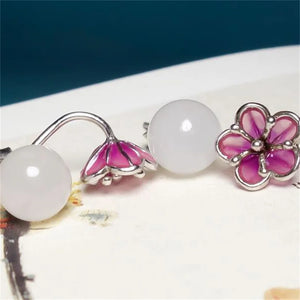 Natural Hand-carved Jade Cloisonne 925 Silver Gufajin Earrings