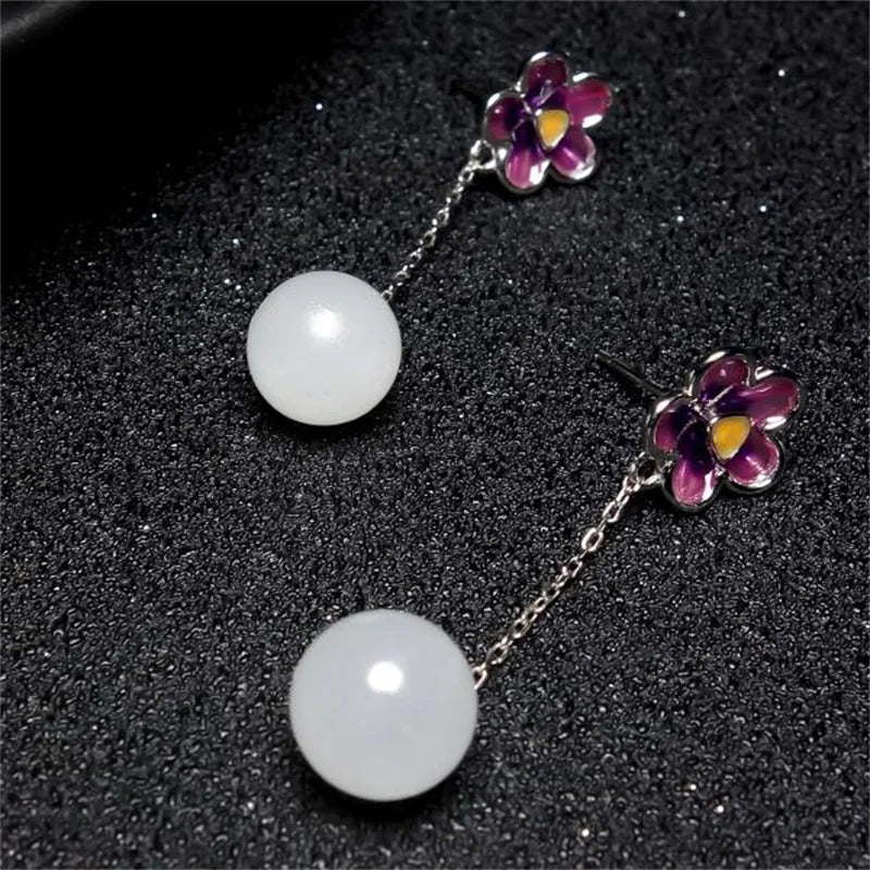Natural Hand-carved Jade Cloisonne 925 Silver Gufajin Earrings