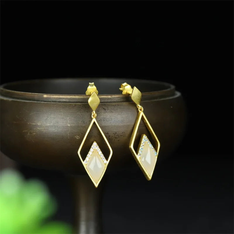 Hand-carved White Jade 925 Silver Gufajin Earrings Studs