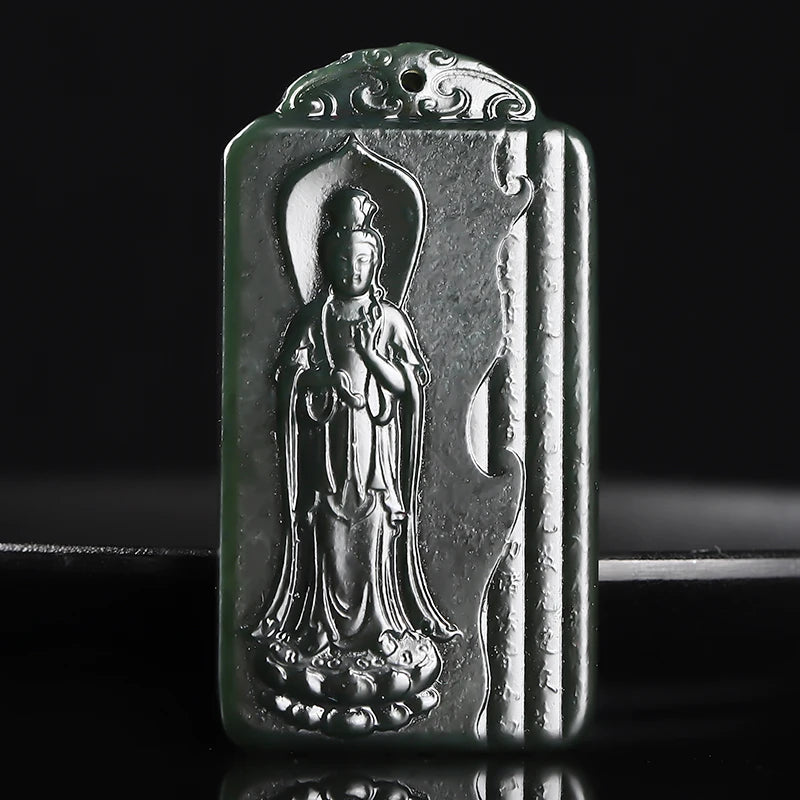 Natural Hetian Jade Hand-carved Guanyin Pendant Necklace