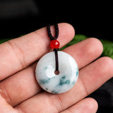Natural Ice Jade Round Buckle Necklace Hand-carve Pendant Jewelry