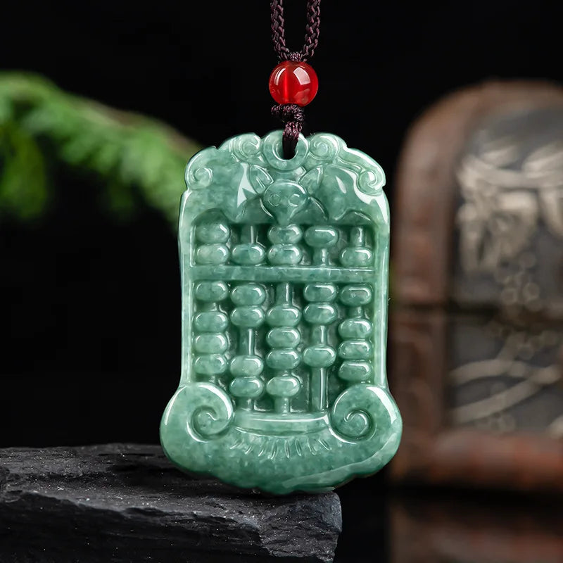 Green Jade Bean Abacus Pendant Charm Necklace Hand-Carved Jewellery