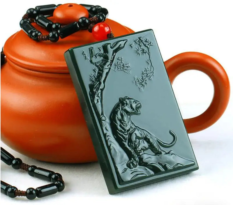 Hand-Carved Jade Lucky Tiger Pendant Necklace