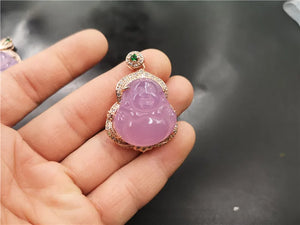 Hand-Carved Pink Jade Chalcedony Buddha Pendant Necklace