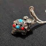 Tibetan Silver Elephant Pendant Red Turquoise Inlay