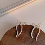 Silver Drop Earrings Ribbon Bow Style with Zircon Rhinestone Ear Studs