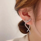 Silver Drop Earrings Ribbon Bow Style with Zircon Rhinestone Ear Studs