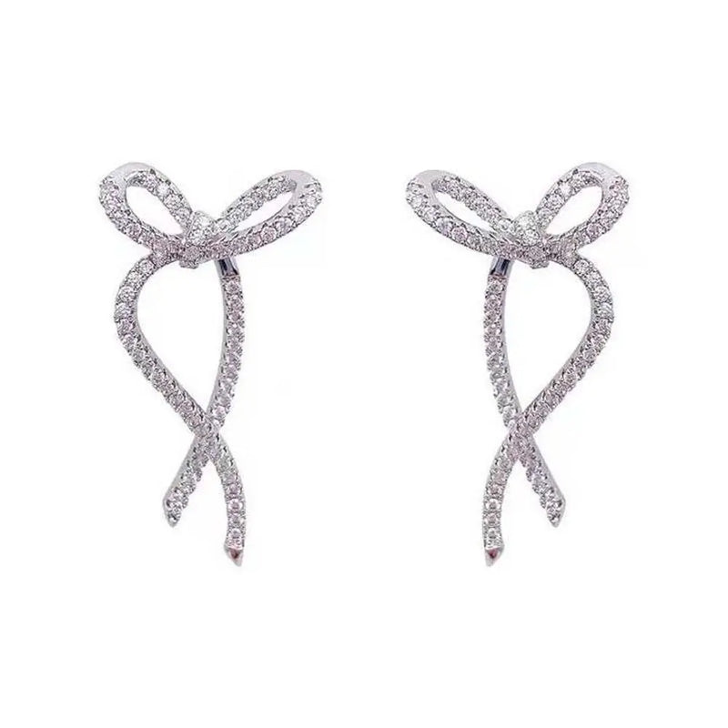 Silver Drop Earrings Ribbon Bow Style with Zircon Rhinestone Ear Studs