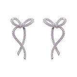 Silver Drop Earrings Ribbon Bow Style with Zircon Rhinestone Ear Studs