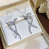 Silver Drop Earrings Ribbon Bow Style with Zircon Rhinestone Ear Studs