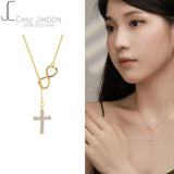 Sterling Silver Zircon Cross Pendant Chain Necklace Women Jewelry