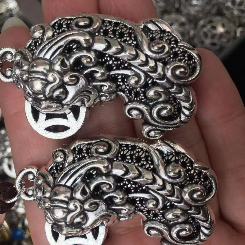 Hand-Carved Tibetan Silver Pixiu Pendant Charm