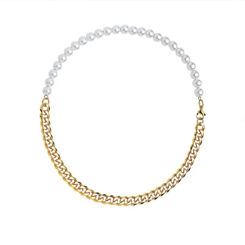 Titanium Steel Pearl Cuban Chain Geometric Punk Style Necklace