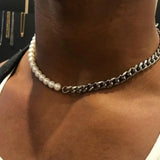 Titanium Steel Pearl Cuban Chain Geometric Punk Style Necklace