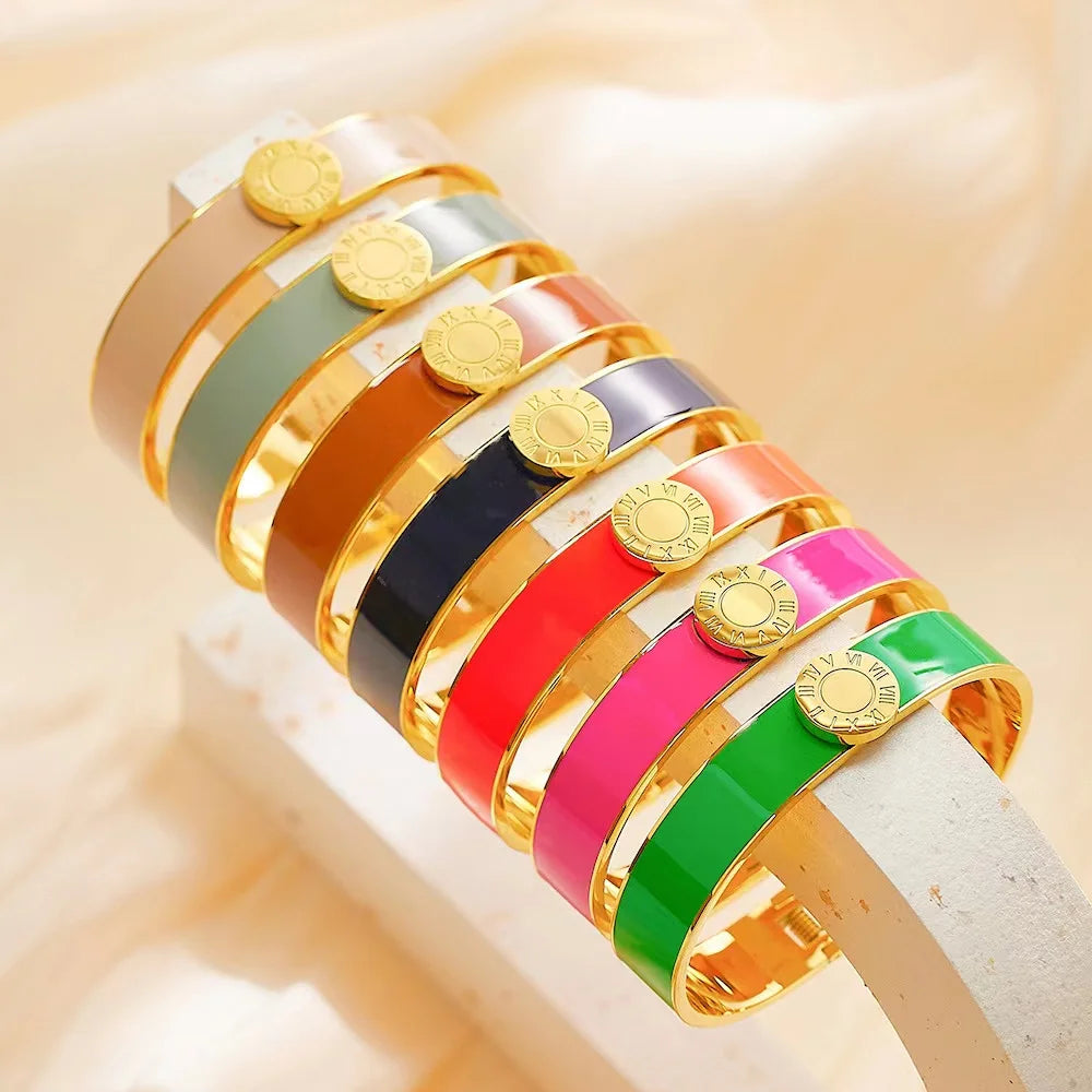 Vintage Enamel Wide 18K Plated Roman Number Bracelet & Bangle