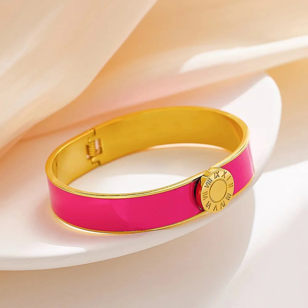 Vintage Enamel Wide 18K Plated Roman Number Bracelet & Bangle