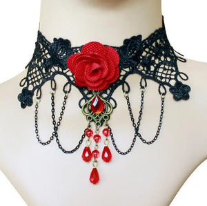 Sexy Gothic Red Rose Crystal Lace Choker Necklace