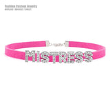 Sexy Rose Red Suede Leather Choker Rhinestone Letters BDSM Jewelry