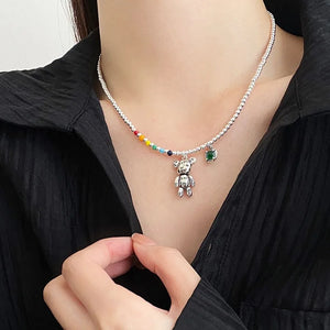 Silver Colorful Bead Bear Charm Necklace Women Jewelry Accessories