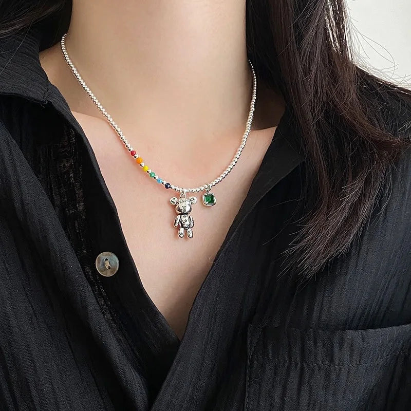 Silver Colorful Bead Bear Charm Necklace Women Jewelry Accessories
