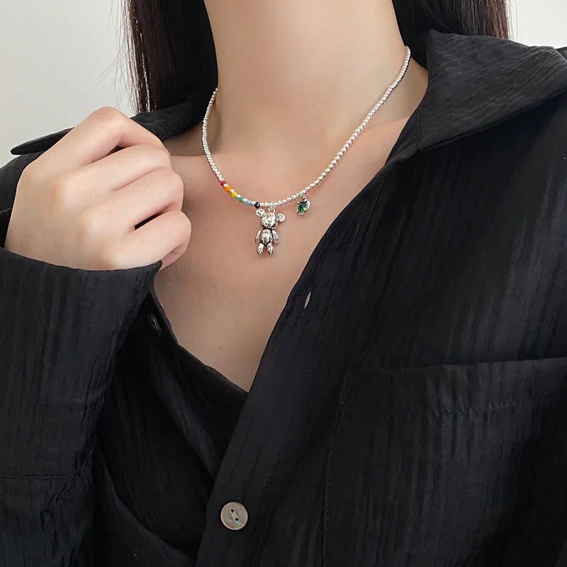 Silver Colorful Bead Bear Charm Necklace Women Jewelry Accessories