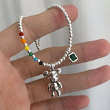 Silver Colorful Bead Bear Charm Necklace Women Jewelry Accessories