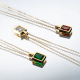 Stainless Steel Square Green Zircon Pendant Necklace for Women