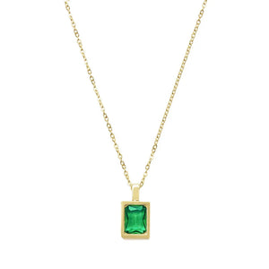 Stainless Steel Square Green Zircon Pendant Necklace for Women