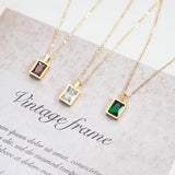 Stainless Steel Square Green Zircon Pendant Necklace for Women