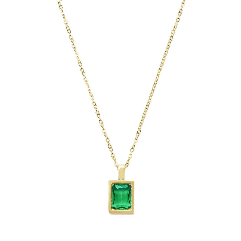 Stainless Steel Square Green Zircon Pendant Necklace for Women