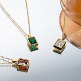 Stainless Steel Square Green Zircon Pendant Necklace for Women