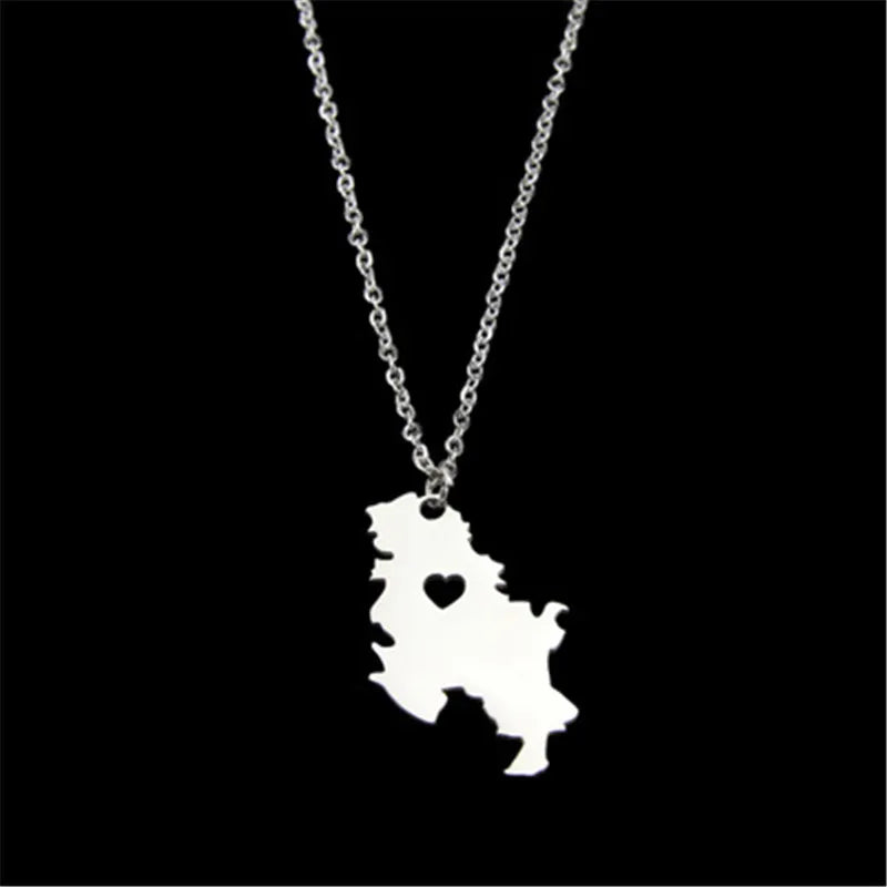 Stainless Steel Serbia Map Pendant Necklace for Women Girls Srbija Jewelry