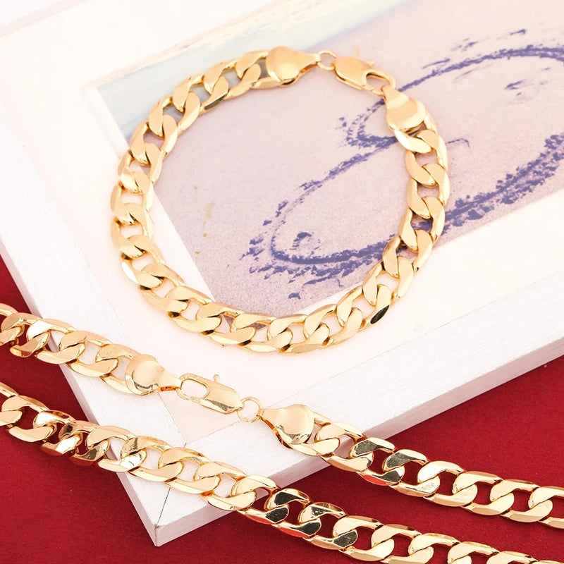 925 Silver Plated 18K 8MM Chain Bracelet Necklace Set