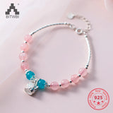 S925 Sterling Silver Pink Strawberry Quartz Crystal Cat Pendant Bracelet