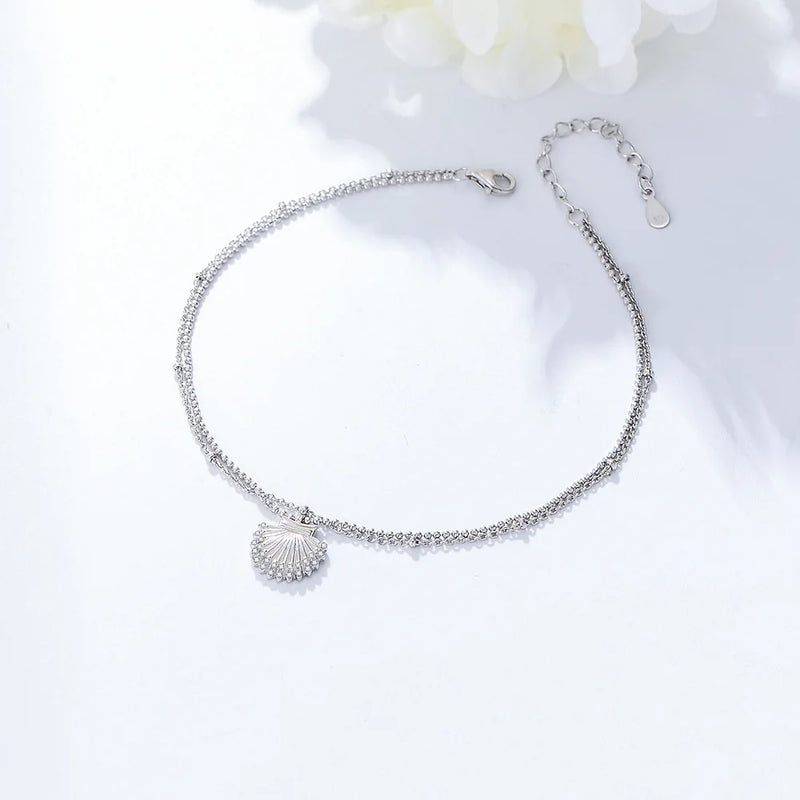 S925 Shell Zircon Double Chain Anklet for Women Girls Beach Charm Anklet