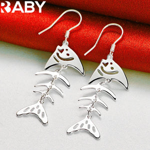 925 Silver Fish Bone Long Drop Earrings Wedding Party Jewelry Gift