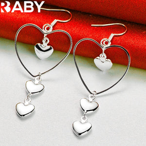 925 Silver Four Heart Long Drop Earrings Romantic Wedding Party Jewelry