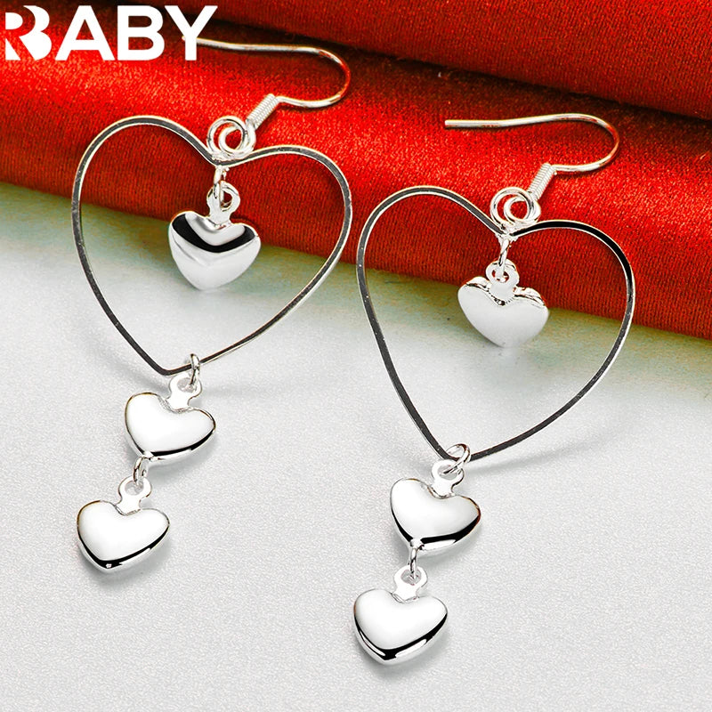 925 Silver Four Heart Long Drop Earrings Romantic Wedding Party Jewelry