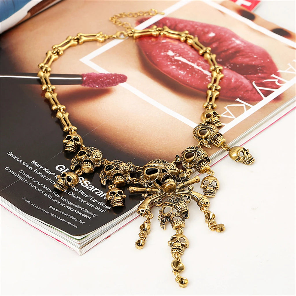 Vintage Halloween Party Skull Pendant Choker Necklace Gold/Silver Jewelry
