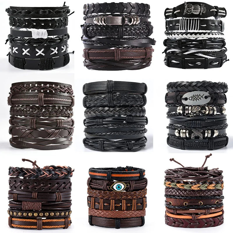 Vintage Men's Leather Bracelet Charm Hand Rope Bracelet for Men