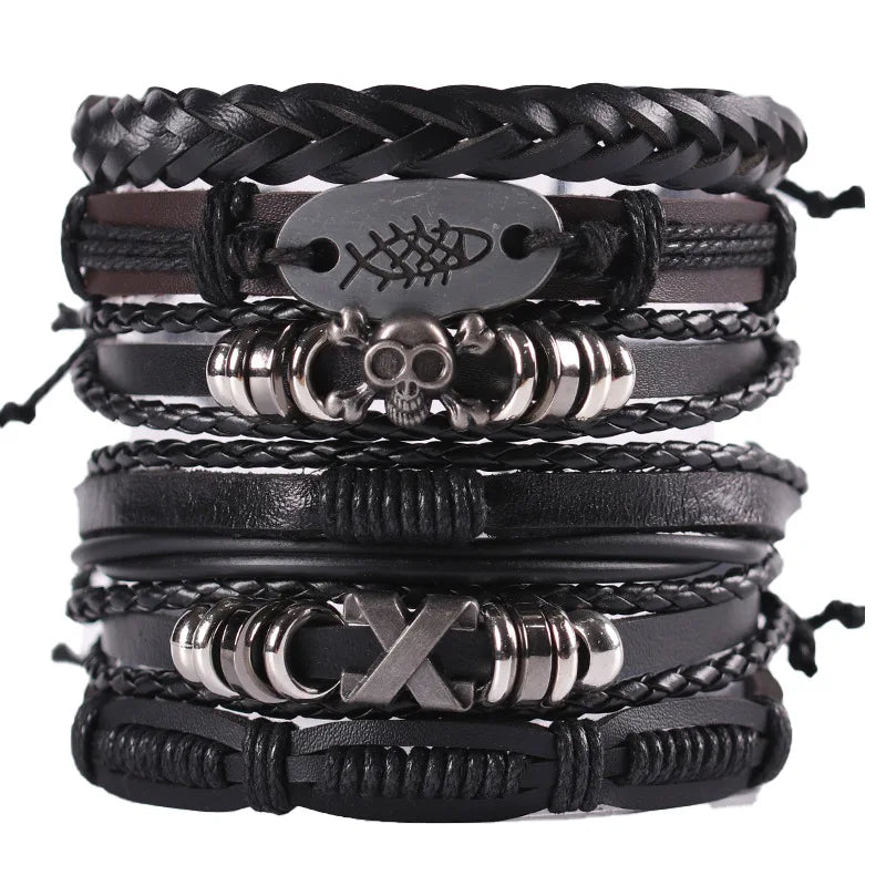 Vintage Men's Leather Bracelet Charm Hand Rope Bracelet for Men