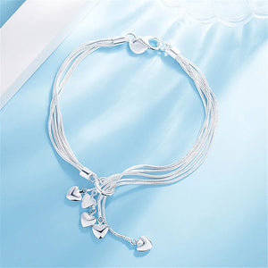 925 Silver Tassel Heart Snake Chain Bracelet Wedding Fine Jewelry