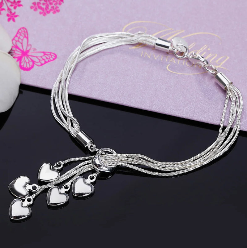 925 Silver Tassel Heart Snake Chain Bracelet Wedding Fine Jewelry