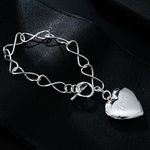 925 Sterling Silver Love Heart Frame Pendant Bracelets for Women Party Wedding
