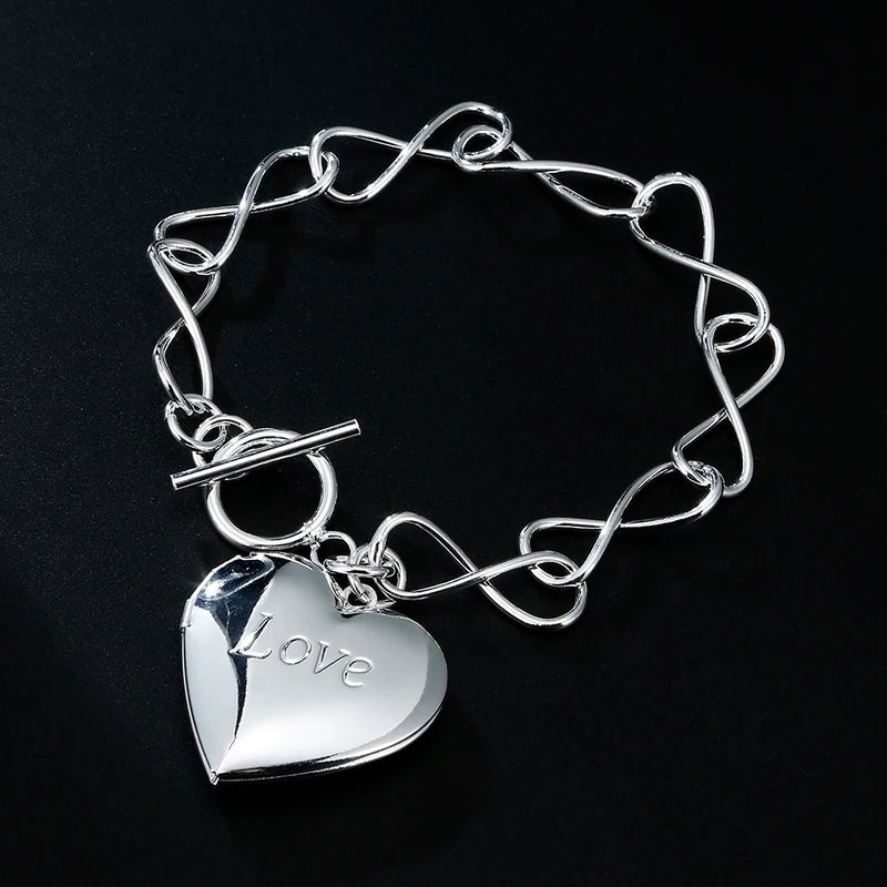 925 Sterling Silver Love Heart Frame Pendant Bracelets for Women Party Wedding