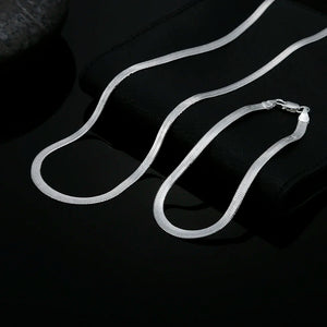 925 Silver 4MM Flat Chain Bracelet Necklace Set for Women